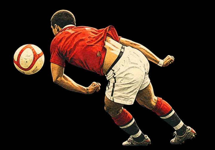 Illustration of Javier Hernández miskicking the ball into his own face to score in 2010
