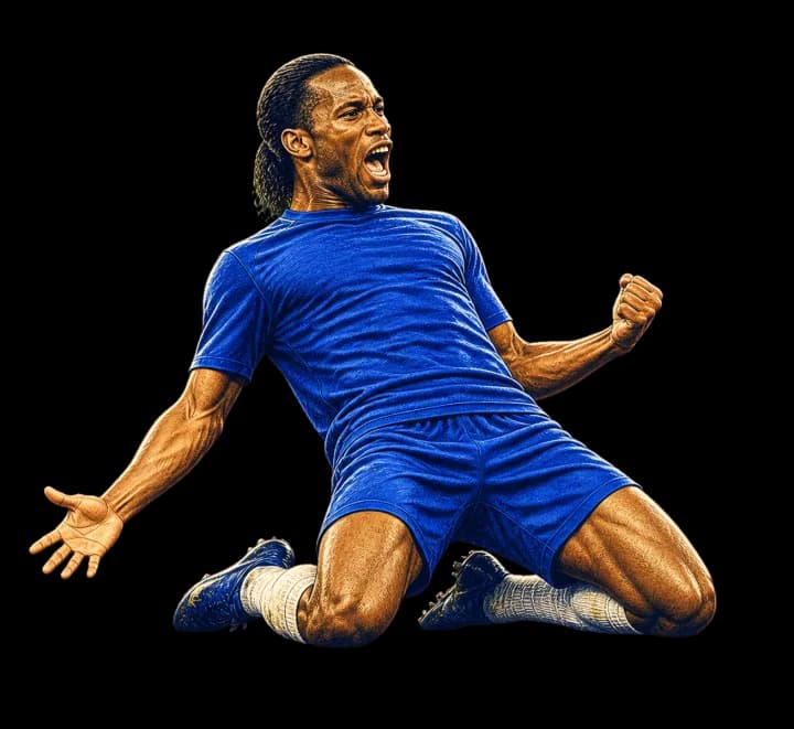 Illustration of Didier Drogba performing his trademark knee-slide celebration