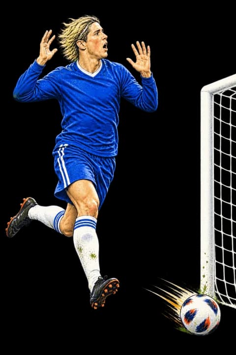 Illustration of Fernando Torres reacting after putting the ball wide of an open goal